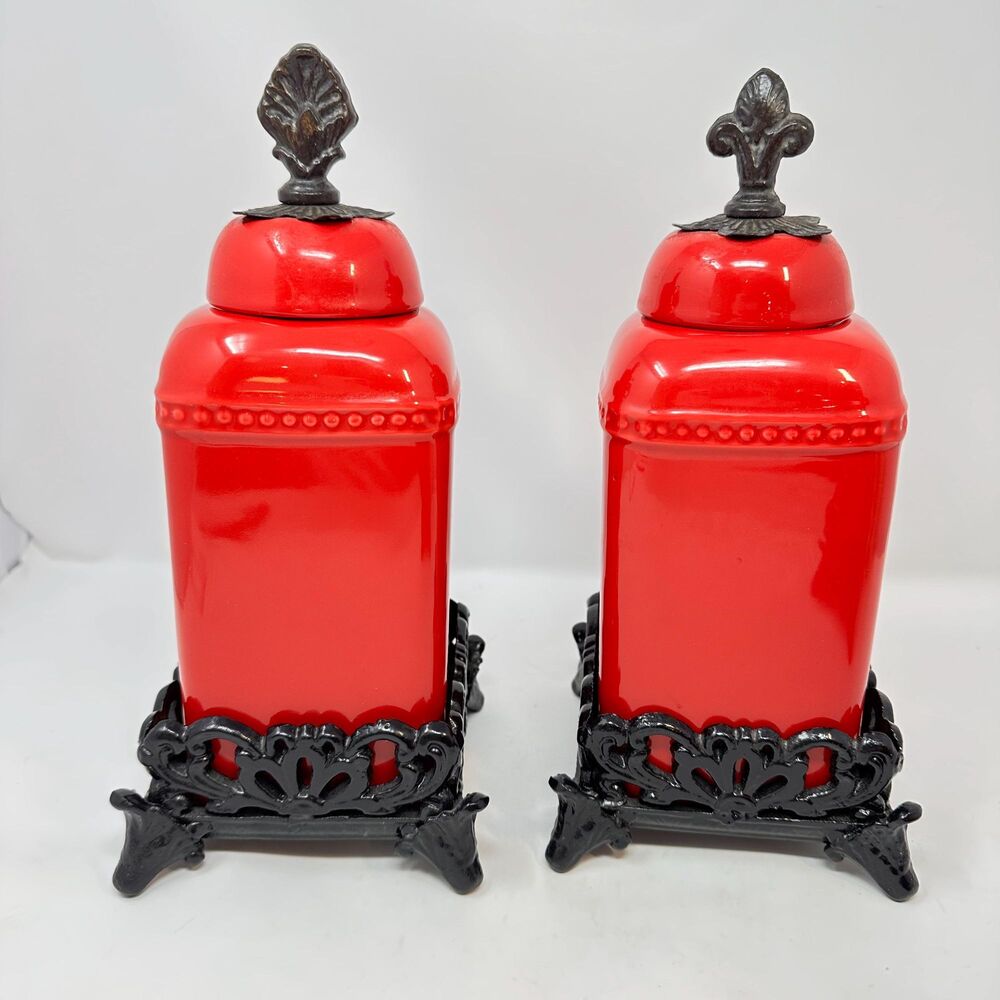 Red Ceramic Canister Set Fleur De Lis Tuscan Scroll Black Metal Base 2pc